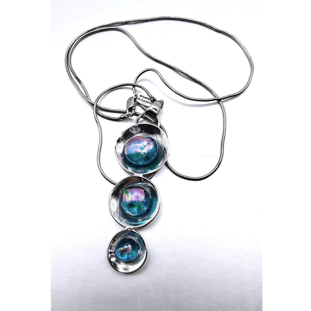Paolo Romeo Italy 925 Sterling Silver Dichroic Glass Triple Drop Necklace Blue